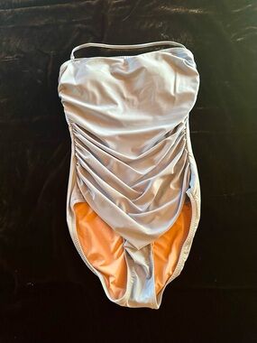 J. Crew Powder Blue Strapless Ruched One-Piece Swimsuit with Peach Lining